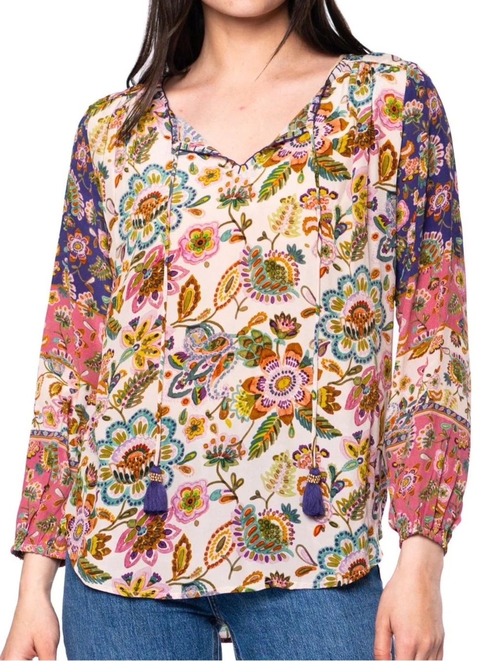 NWT. Tolani 100% silk Janessa Tassel Tie-Front Floral Blouse in Pink / Purple - Picture 10 of 11